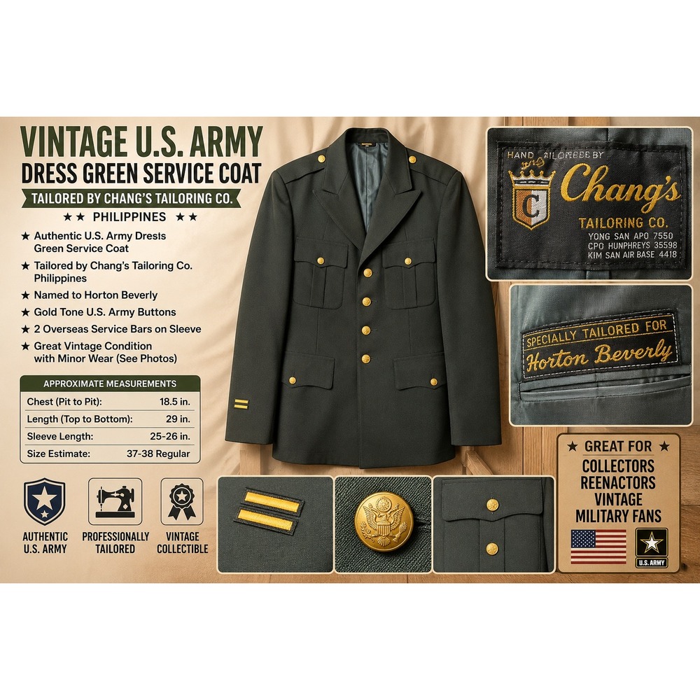 Vintage US Army Dress Green Service Coat Changs Tailoring Philippines 38R Green